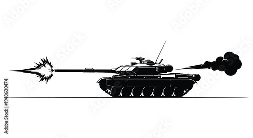 Black and white illustration of a tank firing its cannon with smoke trails