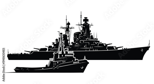 Stylized black silhouette of a battleship and tugboat on water