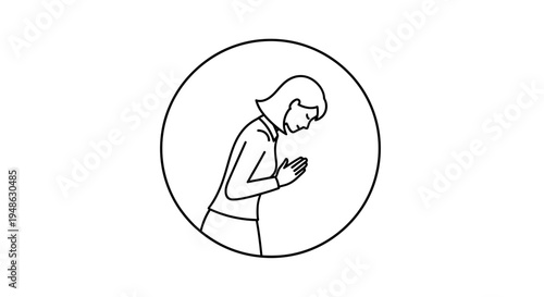Woman bowing in greeting, prayer, or respect, simple line art icon
