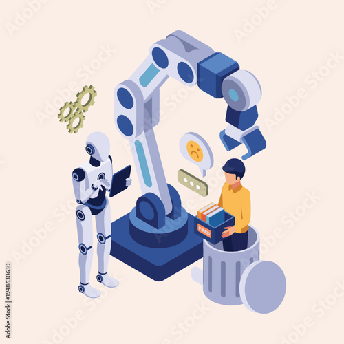 Artificial Intelligence and Robotic Automation Reshaping Workforce Tasks Isometric View Illustrating Data Streamlining, Professional Adaptation, and Future of Work