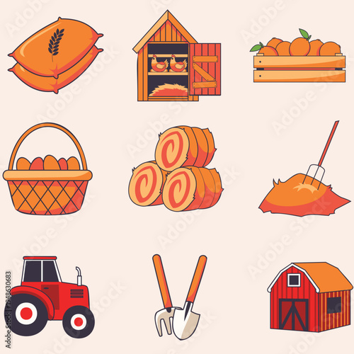 Vector collection of essential farm elements, including agricultural buildings, machinery, tools, and fresh produce, depicting traditional rural life, cultivation, and harvest activities