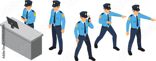 Illustrated police officers in various action poses, representing law enforcement roles such as monitoring, communication, and directing in public safety and security contexts.