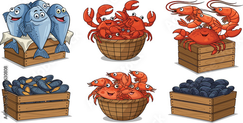 Seafood Basket Set with Fish, Crabs, Shrimp, and Mussels for Market and Cooking Designs