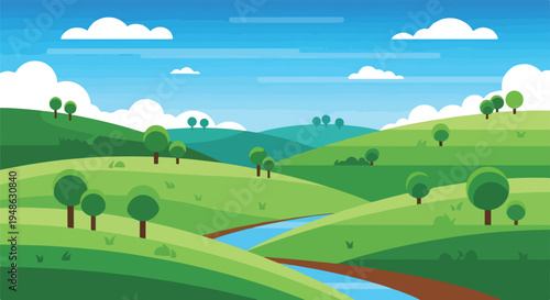 A vibrant, minimalist digital landscape scene with hills and trees