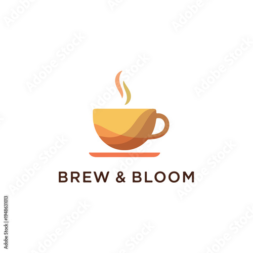 A warm, stylized coffee cup, with steam, sitting on a saucer