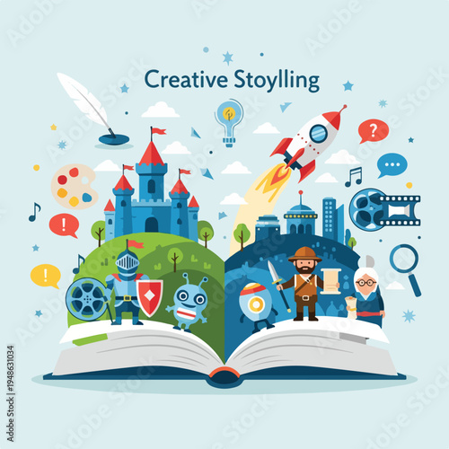 A whimsical illustration with a book opening to scenes of imagination and adventure