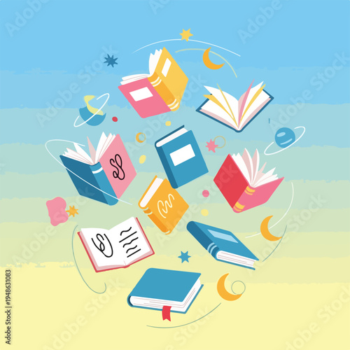 A whimsical illustration with floating books, stars, planets, and moons