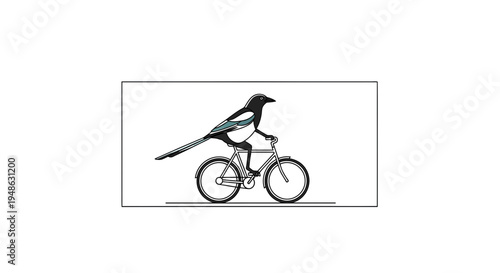 Whimsical Magpie Riding a Bicycle, Funny Bird Illustration