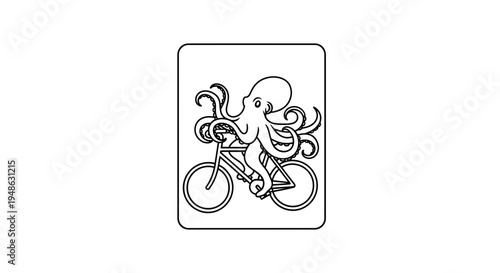 Whimsical Octopus Riding a Bicycle, Outline Illustration, Funny Animal Concept