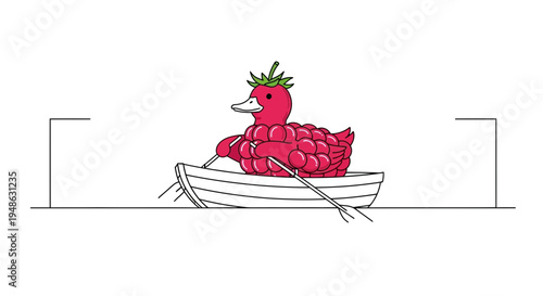 Whimsical Strawberry Duck in Rowboat, Surreal Fruit Animal Hybrid, Funny Cartoon