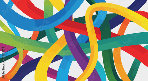 Abstract artwork features overlapping, colorful brushstroke ribbons