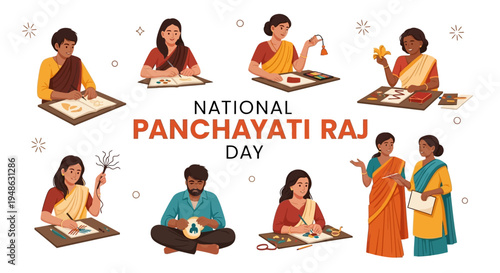 Illustration of people in various roles celebrating National Panchayati Raj Day with a design and vector style against a clean white background.