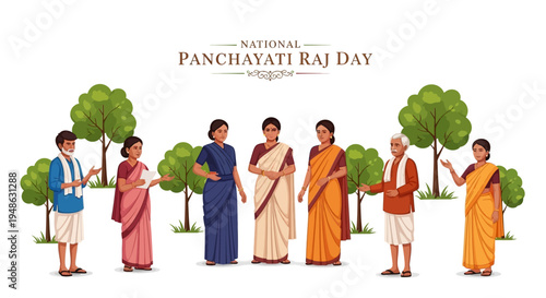 Illustration of diverse Indian villagers in traditional attire celebrating National Panchayati Raj Day with trees in the background, symbolizing rural governance and democracy in India.