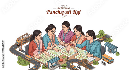 Illustration of women in traditional Indian attire collaborating on a large map on National Panchayati Raj Day, symbolizing rural governance and development in India with a vibrant and