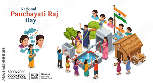 Illustration of people celebrating National Panchayati Raj Day with a village scene, Indian flag, and rural governance elements in a colorful design.