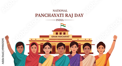 Illustration of women celebrating National Panchayati Raj Day in India with a Gram Panchayat building in the background, symbolizing rural governance and democracy.