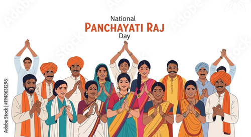 Illustration of diverse people celebrating National Panchayati Raj Day with hands raised in unity and joy on a white background with vibrant colors.