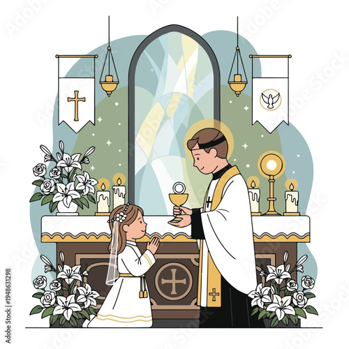 A young girl receiving communion from a priest at a church altar