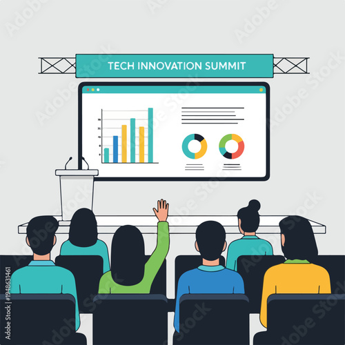 Attendees in a conference hall during a presentation, one hand raised