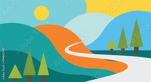 Abstract landscape with rolling hills, a road, and stylized trees