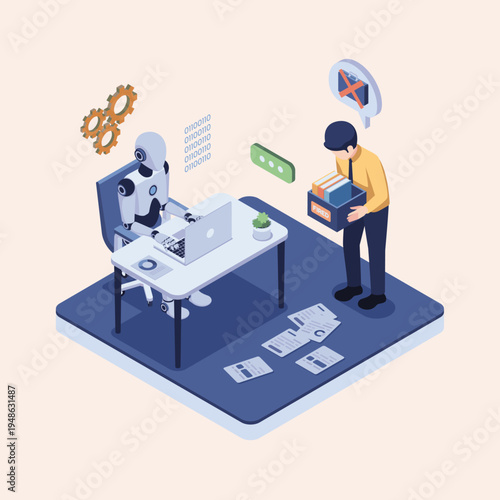 Artificial intelligence automation leading to job displacement concept, depicting a robot replacing a human employee in the workplace, showcasing the future of work and technological impact