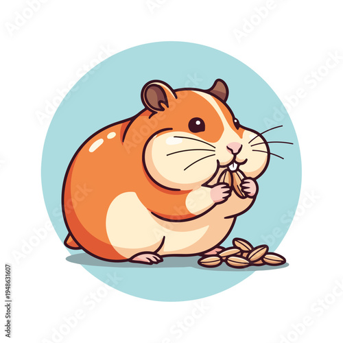 Adorable, plump rodent, orange and white, eating seeds in a blue circle
