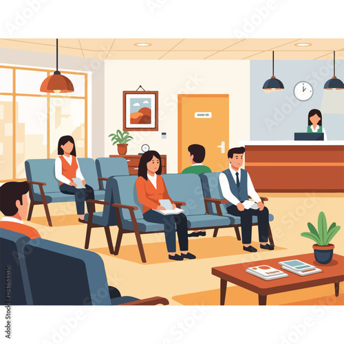 Cartoon-style illustration of a waiting room with people seated