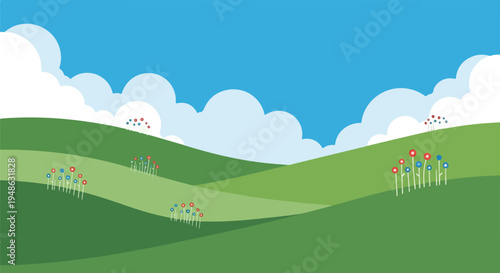 Cartoon-style illustration of rolling hills, flowers, and a blue sky