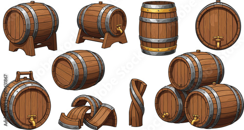 Illustrated set of wooden barrels in various orientations and parts, ideal for winery, brewery, storage, vintage, and rustic design themes