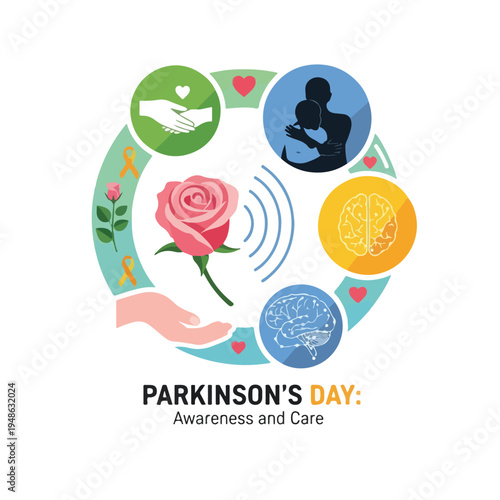 Circular illustration with rose, hand, brains, people, and ribbon