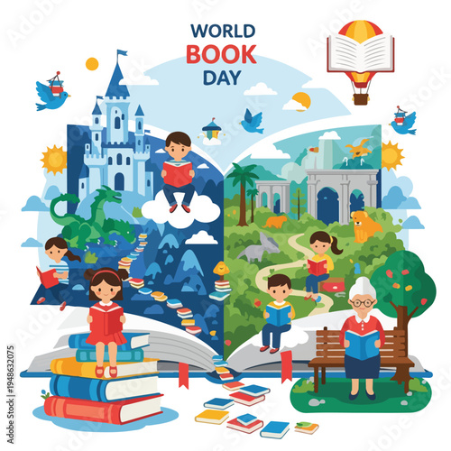 Children reading around open books with landscapes, sun, castle, and animals