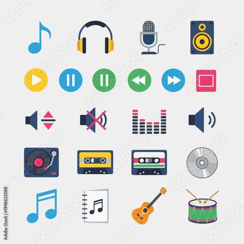 Collection of musical icons, including instruments, devices, and control symbols