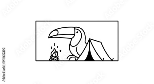 Toucan Camping Adventure: Bird by Tent and Campfire, Nature Illustration