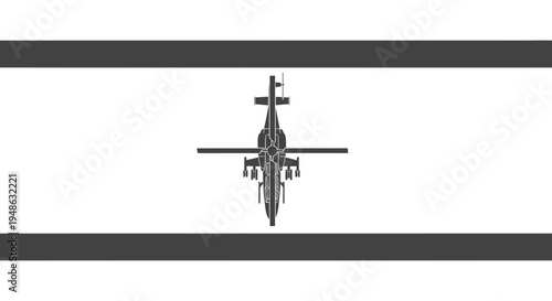 Top View Silhouette of Attack Helicopter with Weapons, Military Aircraft on White Background