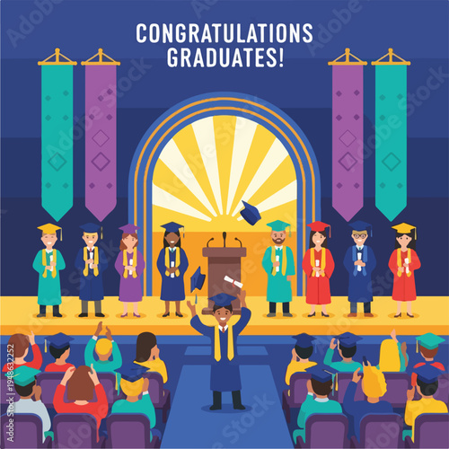 Cartoon illustration depicts a graduation ceremony with students and audience