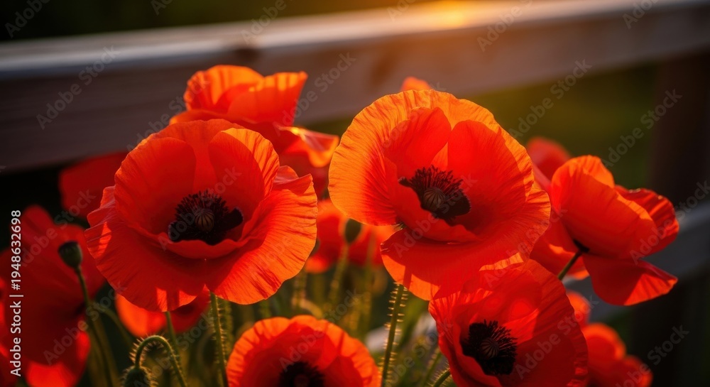 Obraz premium Close-up of vibrant red poppies illuminated by warm sunlight, showcasing delicate petals and dark centers in a blooming garden setting.