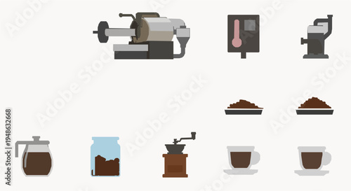 Coffee roasting process cycle illustration with beans roasting machine grinding and brewing vector