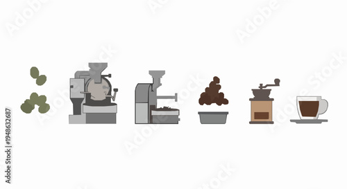 Coffee roasting workflow illustration set with roasting machine beans cooling tray and brewing vector icons