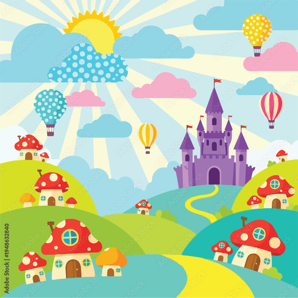 Obraz premium Cartoon landscape with castle, mushroom houses, hot air balloons, and sky