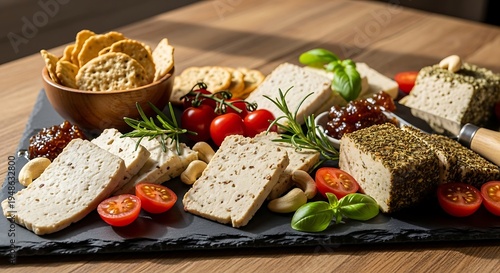 Vegan cheese platter with crackers tomatoes and jam
