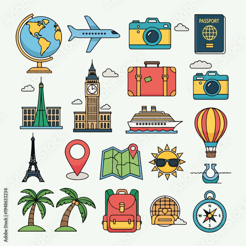 Collection of travel icons including a globe, airplane, camera, and buildings