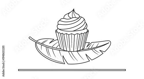 Stylized cupcake on a feather, minimalist line art, black and white, isolated on white background