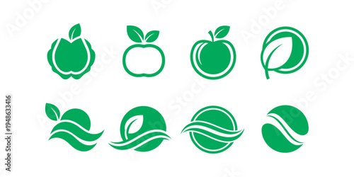 Modern green plant logo set with circular composition. Minimal eco vector symbols for packaging, print, and digital design