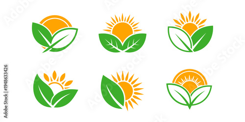 Set of sunshine and leaf icons representing renewable energy, eco farming, and environmental care in modern flat design illustration.