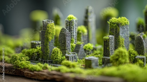 Sustainability eco friendly city model highlighting long term environmental benefits and economic growth concept positive and negative impacts close up nature harmony theme realistic Fusion moss cover