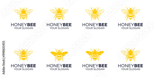 Honey bee logo set in flat vector style, yellow insect icons with wings detail isolated on light background