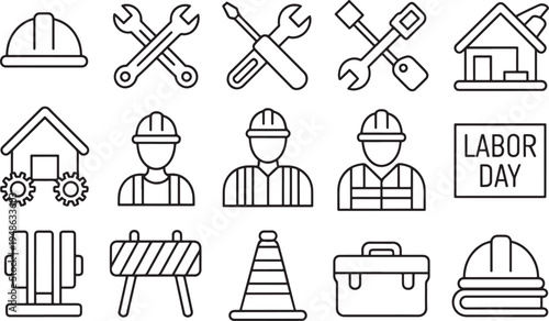 Construction Worker Safety Tools and Labor Day Celebration Icons Set