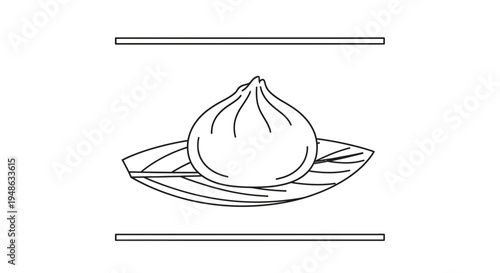 Steamed Dumpling on Leaf, Minimalist Line Art, Asian Food Icon