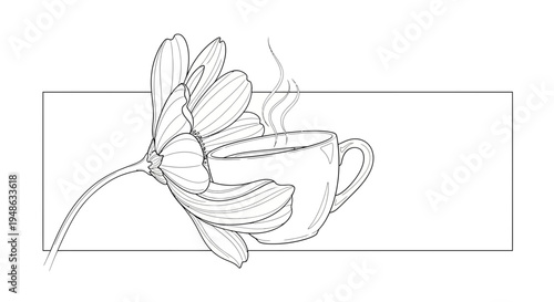 Steaming Coffee Cup Embraced by Delicate Flower Petals, Minimalist Line Art