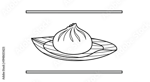 Steaming Baozi Dumpling on a Leaf-Shaped Plate, Chinese Food Illustration